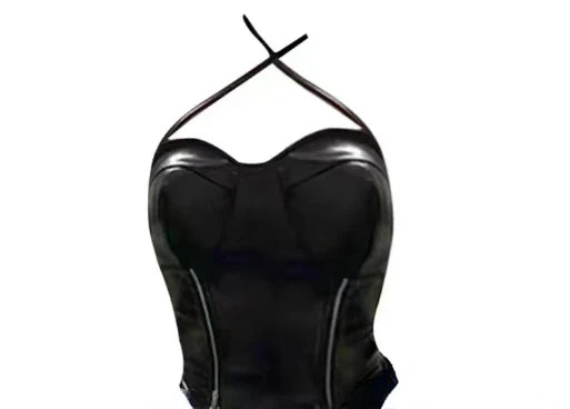 Voguable Cool Black Slim Fit Strapless Tops Women+ Y2k E-Girl High Waist Ruched A-line Skirts Leather Two Piece Sets