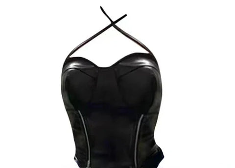 Voguable Cool Black Slim Fit Strapless Tops Women+ Y2k E-Girl High Waist Ruched A-line Skirts Leather Two Piece Sets