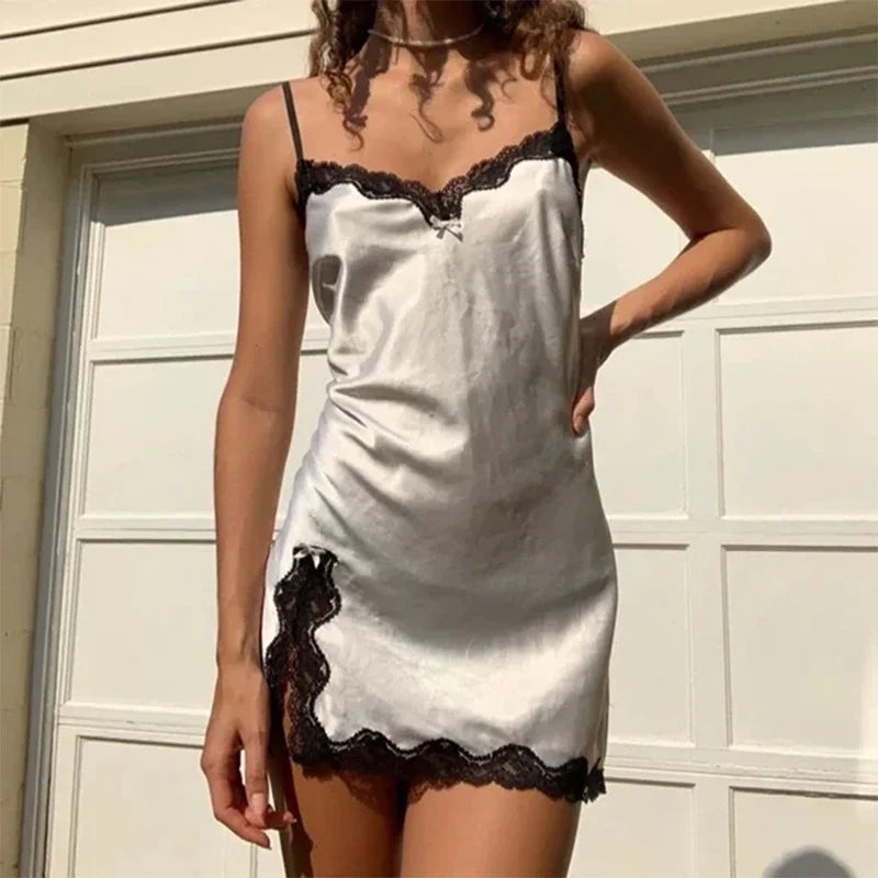 dress lace Harajuku solid color Y2K slit short skirt cute emo girls comfortable satin aesthetic sling dress
