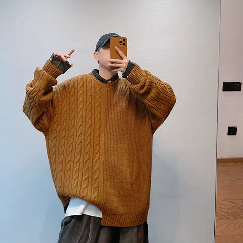 Voguable Knitted Sweater Japanese Y2K Oversize Casual Winter Irregular O-neck Pullovers for Man Old Money Streetwear