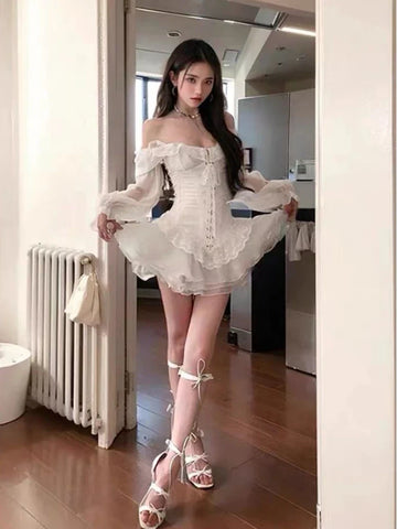 Voguable French Sweet White Y2k Mini Dress Long Sleeve Beach Style One Piece Dress Korean Japanese Kawaii Chic