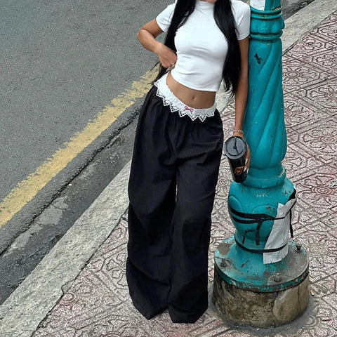 Contrast Lace Stitching Wide Leg Pants Streetwear y2k Low Rise Loose Black Trousers for Korean Baggy Capris