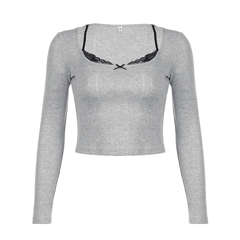 Voguable Y2K Contrast Color Lace Patchwork Fake Two-piece Cropped Top Slim-fit Long Sleeve Knitted T-shirt Cute