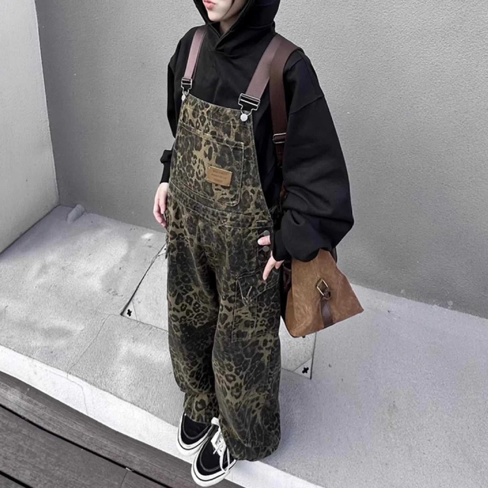Leopard Jumpsuits Y2k Clothes Streetwear Wide Leg Baggy Jumpsuits Multi-Pocket Loose Cargo Overalls Rompers
