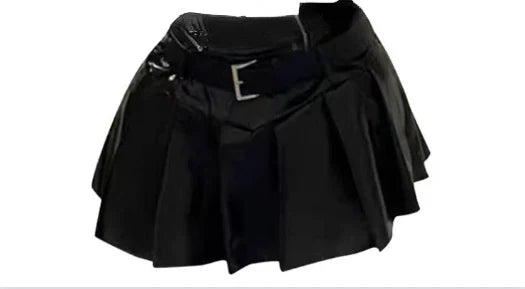 Voguable Cool Black Slim Fit Strapless Tops Women+ Y2k E-Girl High Waist Ruched A-line Skirts Leather Two Piece Sets