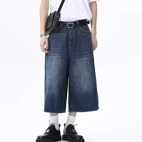 Jeans American Style Vintage Loose Fit Wide Leg Straight Leg Denim Shorts Design Y2k Gothic Washed Shorts