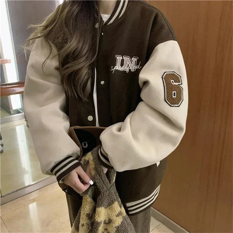Y2k Varsity Bomber Jacket Red Brown Korean Winter Coat Vintage Baseball Jackets Hip Hop Streetwear Outerwear Tide