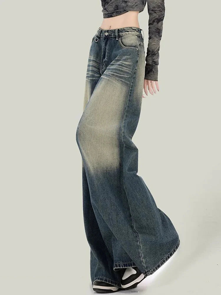 Streetwear Retro Jeans Loose High Waist Y2K Denim Pants Casual American Harajuku Fall FePockets Wide Leg Trousers New