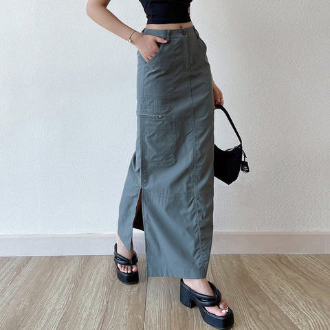 Casual Pocket Cargo Pencil Skirt Vintage Y2K All-match Solid Chic Side Slit Wrap Hip Long Skirt Streetwear