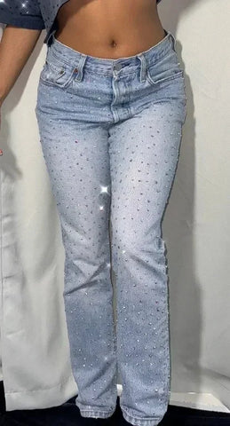 American Jeans Y2K Pants WoGothic Hip Hop Pocket Sequins Rhinestone Retro Blue Jeans Slim High Waist Trousers