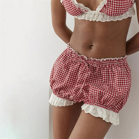 y2k Bloomers Solid Color/Plaid Print Ruffle Trim Elastic Low Waist Pants Coquette Aesthetic Shorts Loungewear