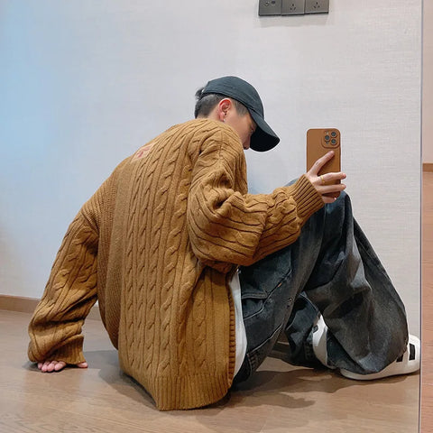 Voguable Knitted Sweater Japanese Y2K Oversize Casual Winter Irregular O-neck Pullovers for Man Old Money Streetwear