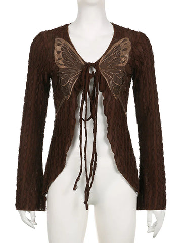 Voguable Lace Butterfly Patchwork Cardigan Top for Y2K Aesthetics Brown Bandage Long Sleeve T Shirts Grunge Fairycore