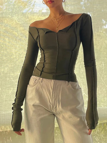 T-shirt Long Sleeve Boat Neck Spliced Slim Fit Shirts Solid Color Korean Kawaii Y2K Crop Tops Streetwear