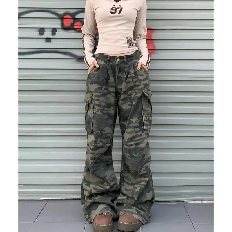 Camouflage Jeans Y2K Hip Hop Vintage High Waisted Jeans Straight Streetwear Casual Loose Large Size Wide Leg Denim Pants