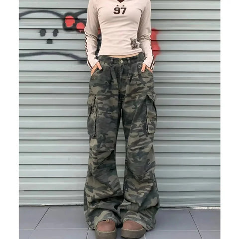 Camouflage Jeans Y2K Hip Hop Vintage High Waisted Jeans Straight Streetwear Casual Loose Large Size Wide Leg Denim Pants