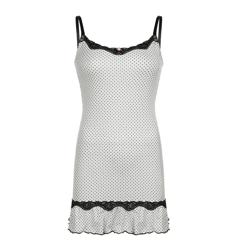 Voguable Coquette Polka Dot Print Spaghetti Strap Dress y2k Contrast Lace Stitching Bodycon Mini Sundress Holiday Party