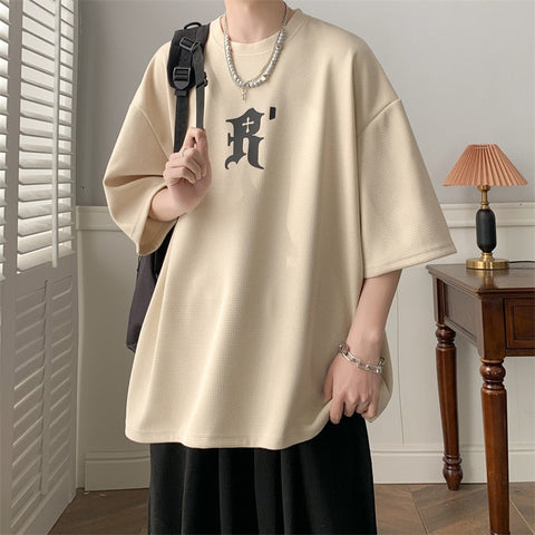 Waffle Letter Print T-shirts Urban Style  Half-sleeved Light Thin Breathable Y2k Unisex O-neck Tops Tee