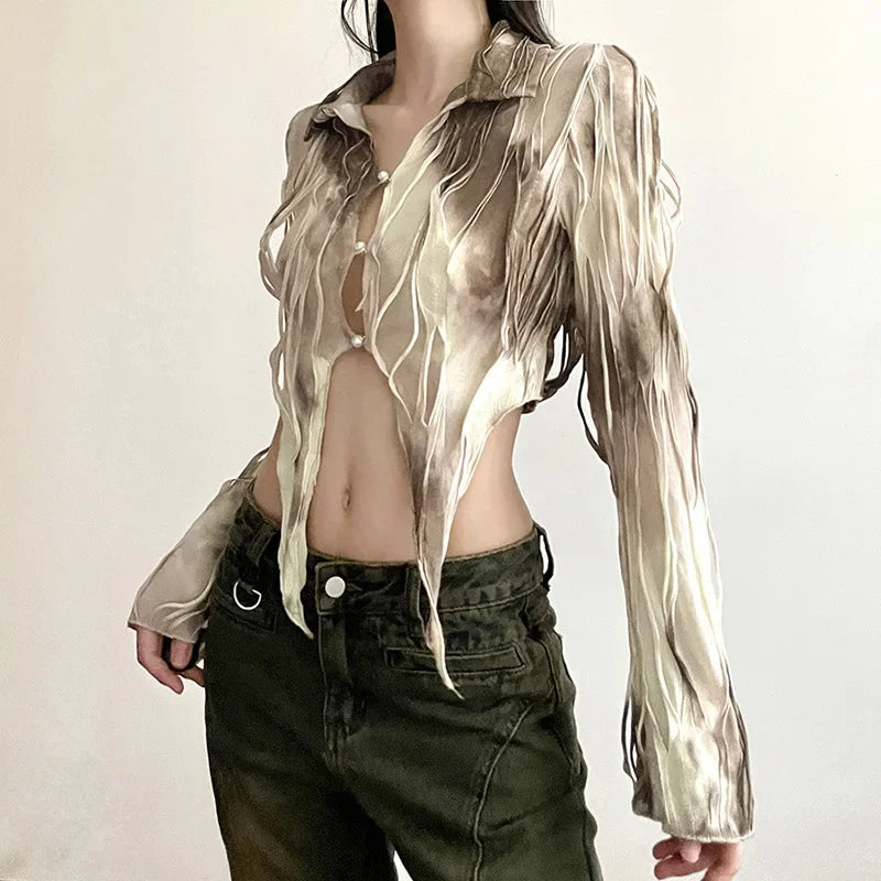 Goth Dark Tassel Tie Dye Fairy Grunge Blouses Gothic Vintage Y2k Frayed Crop Tops Streetwear Long Sleeve Slim T-shirt