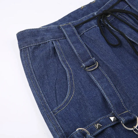 Y2k Bandage Cargo Jeans Punk Metal Blue Baggy Streetwear Pants Korean Grunge Aesthetic Jeans Stylish Vintage 90s