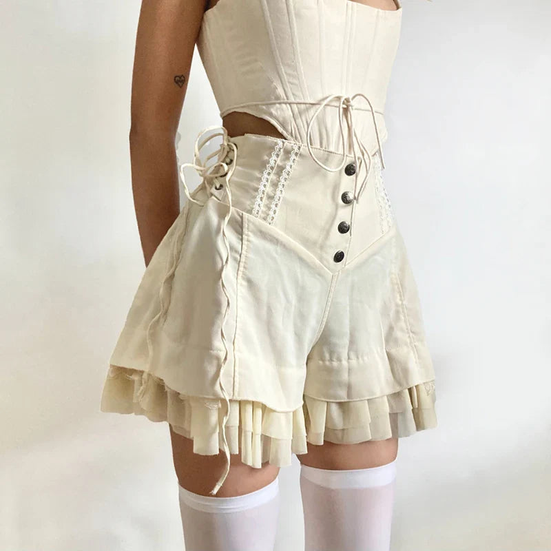 Voguable  Sweet Mesh Tiered Ruffle Shorts Skirts Khaki Wide Form Side Bandage Cute Pants Lolita Style Soft Girls Shorts Y2K