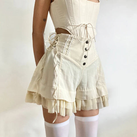 Voguable  Sweet Mesh Tiered Ruffle Shorts Skirts Khaki Wide Form Side Bandage Cute Pants Lolita Style Soft Girls Shorts Y2K