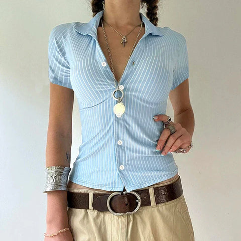 Casual Striped Print Blouse Button Up Short Sleeve Basic Knitted Crop Tops y2k Aesthetic Basic T-shirts Streetwear