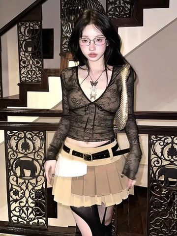 Coquette Aesthetic Mesh T Shirts Vintage V Neck Lace Bow Cropped Tops Y2k Slim Fit Long Sleeve Tee Shirts