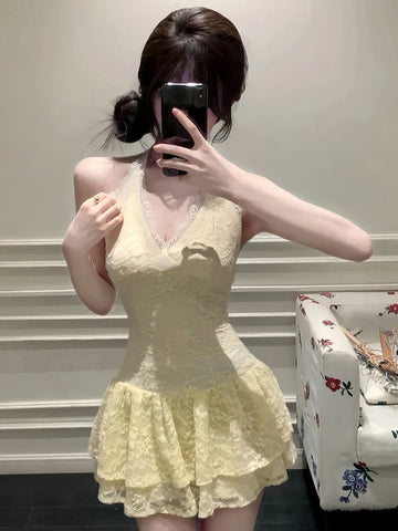 Fall Winter Y2k Shoujo Girl 2000s Kpop Korean Outfits 2 Piece Set Long Sleeve Tops + Coquette Ballet Core Mini Lace Dress