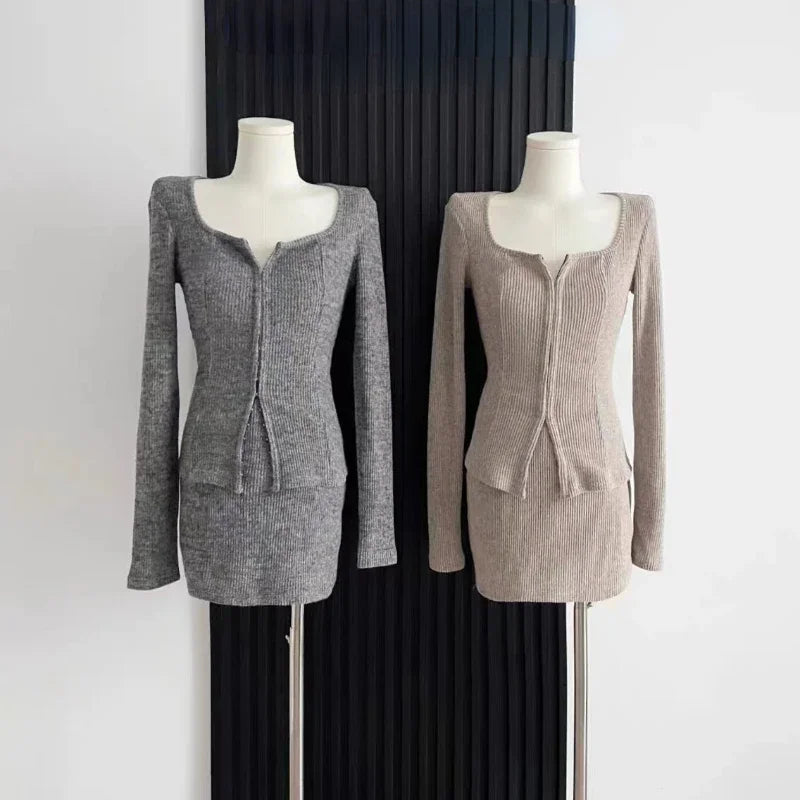 Voguable  2 Piece Dress Set Elegan Casual Long Sleeve Knitted Suits Y2k Crop Tops + Bodycon High Waist Mini Skirt Korean