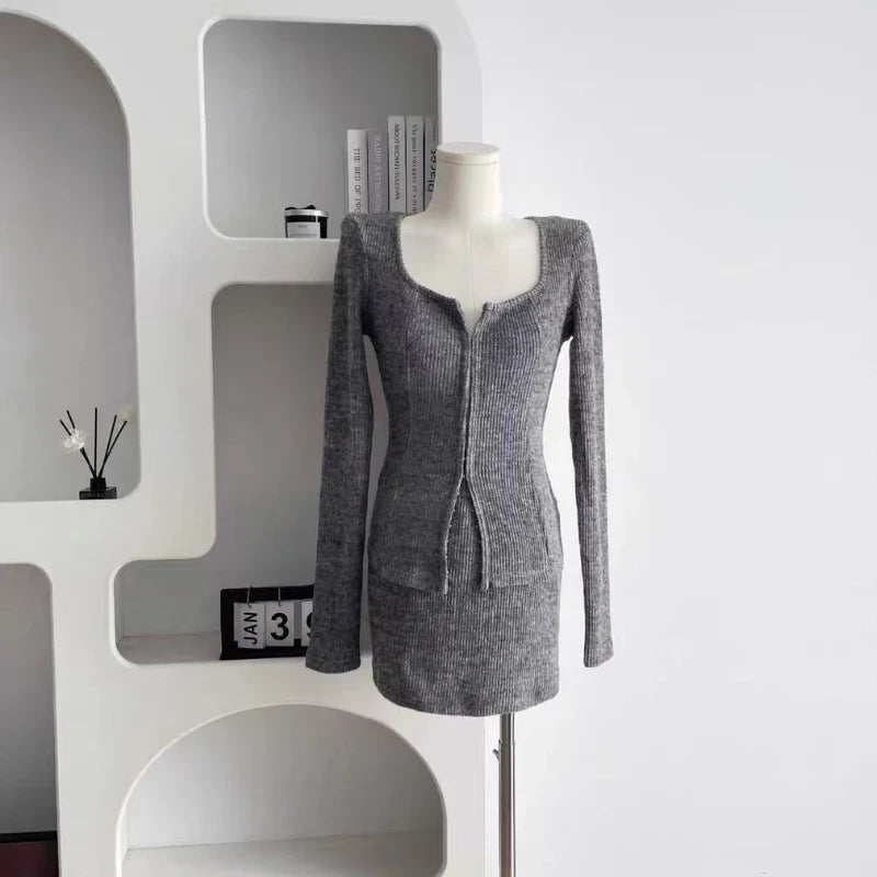 Voguable  2 Piece Dress Set Elegan Casual Long Sleeve Knitted Suits Y2k Crop Tops + Bodycon High Waist Mini Skirt Korean