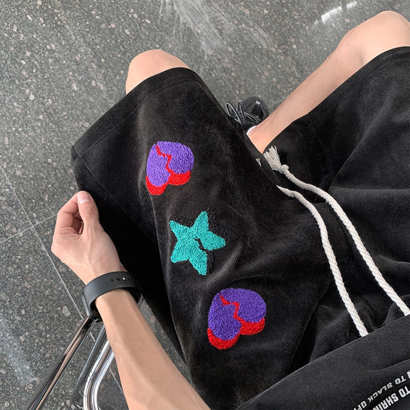 American High Street Y2k Versatile Shorts Ins Red Heart Print Loose Straight Joggers Short Pants Streetwear