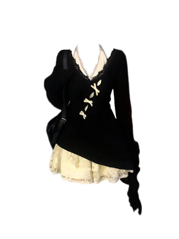 Fall Winter Y2k Shoujo Girl 2000s Kpop Korean Outfits 2 Piece Set Long Sleeve Tops + Coquette Ballet Core Mini Lace Dress
