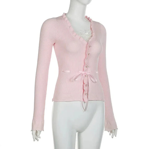 Fairycore Clothing Top y2k Ruffle Lace Patchwork Long Sleeve Knitted T Shirt 2000s Coquette Clothes Streetwear