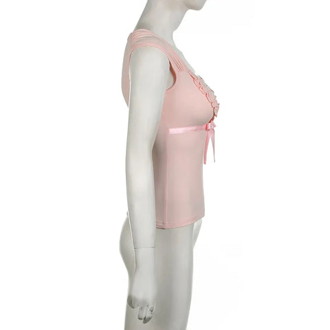 Voguable Y2K Rhinestone Frill Edge Bow T-shirt Pink Kawaii Japanese Lolita Casual Square Collar Short Sleeve Top Coquette Tees