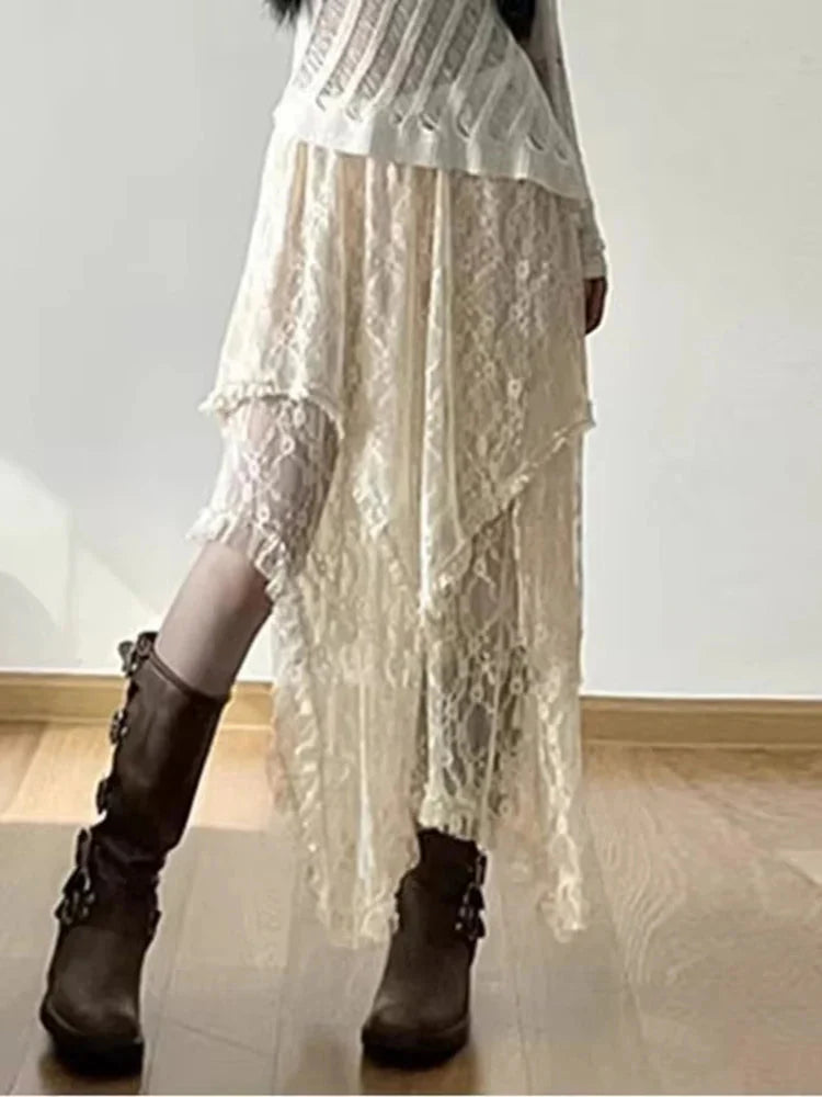 Asymmetrical Lace Skirt Vintage Y2K Aesthetic High Waist Mid Skirts Ladies Holiday Outfits New