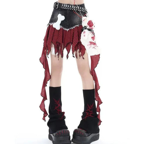 Voguable Patchwork Skirt Vintage Y2k Skirt Harajuku Korean Style Streetwear Elegant Lattice  A-line Mini Skirt