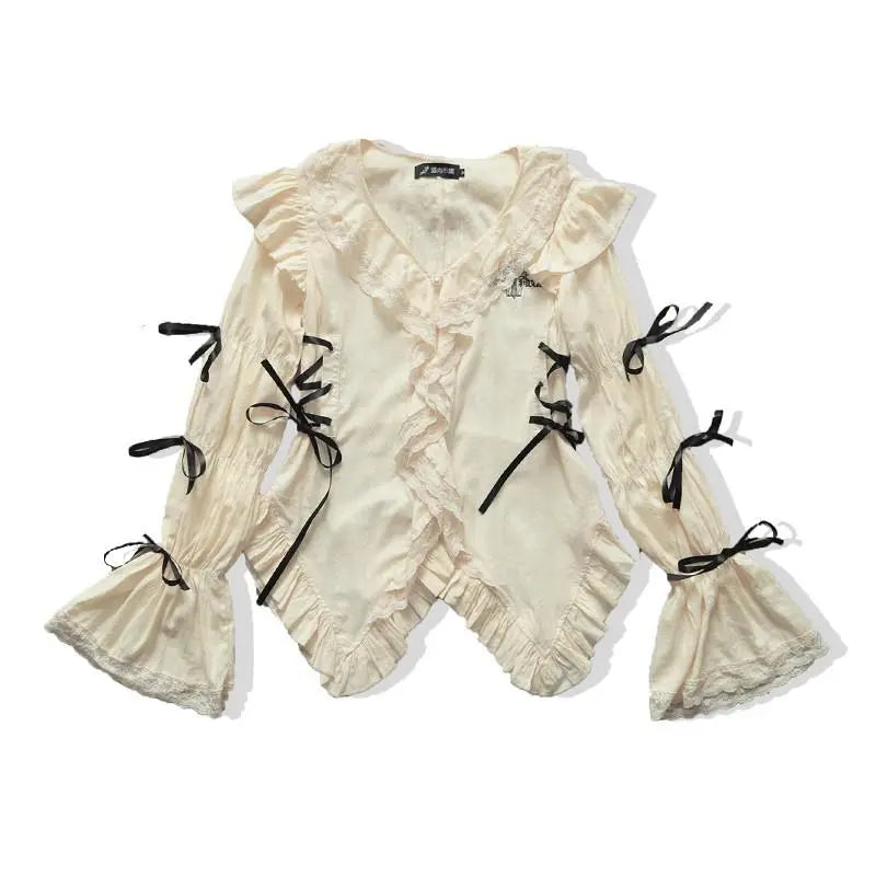 Y2k Aesthetics Lace Shirt Grunge Gothic Irregular Blouses Fairy Harajuku Bandage Shirt Vintage Lolita Clothes Mall Goth
