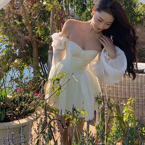 Voguable White Bubble Sleeve Dress Niche Design Pure Princess Skirt Girl Elegantes Party Prom Vintage Evening Y2k