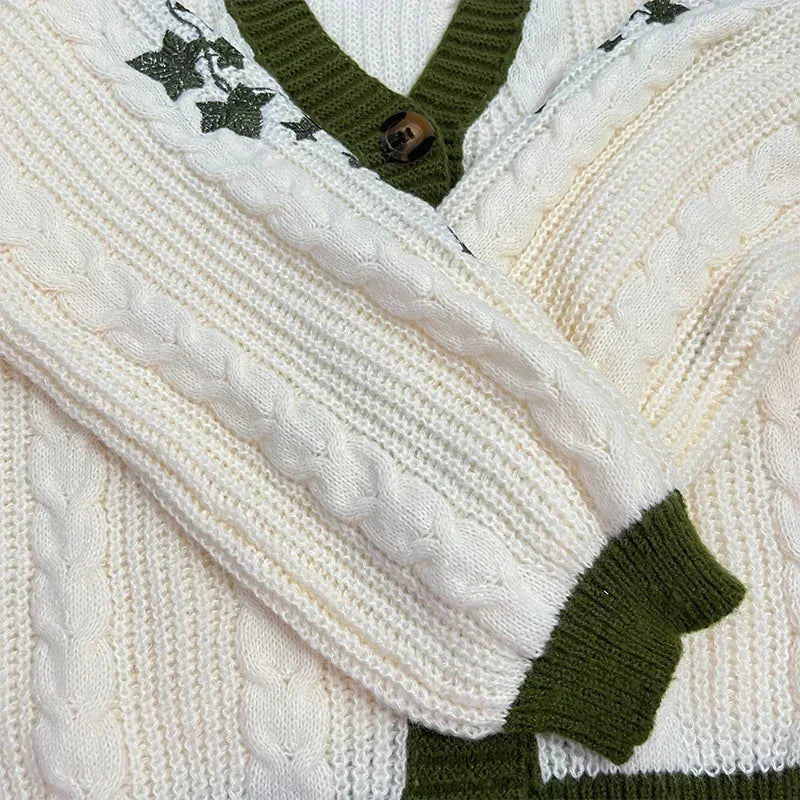 Cute Lantern Sleeve Knitted Cardigan Warm Embroidery Sweater Casual V-neck Single Breasted Sweater Coat Y2k