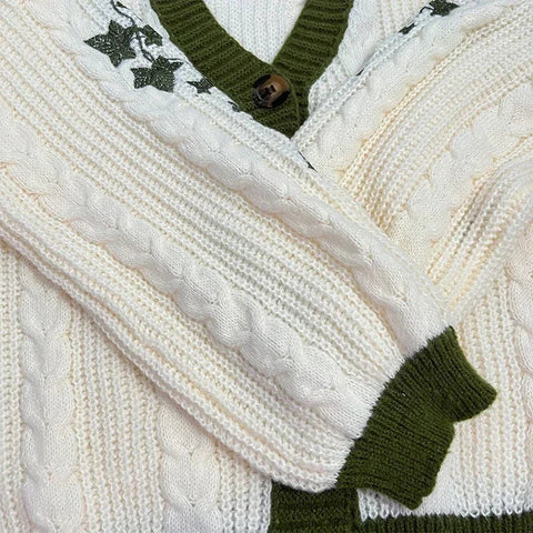 Cute Lantern Sleeve Knitted Cardigan Warm Embroidery Sweater Casual V-neck Single Breasted Sweater Coat Y2k
