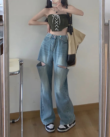 High Waist Ripped Straight Jeans Blue Denim Trousers Y2k Korean Clothing Streetwear Baggy Pants