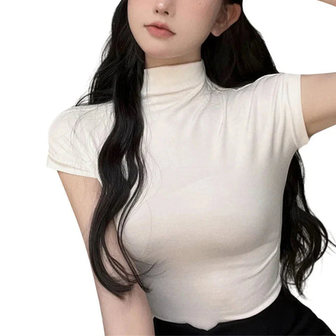 y2k Crop Tops Vest Solid Color Mock Neck Sleeveless Stretchy T Shirts 2000s Aesthetic Clothing Streetwear