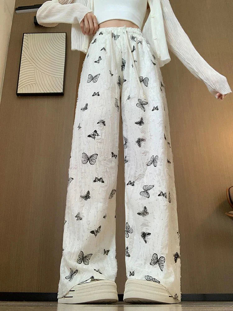 High Waist Wide Leg Pants Loose Butterfly Print FeCasual Pants Y2K Korean Drawstring Floor Length Trousers