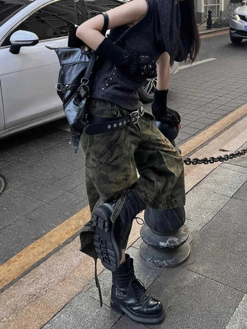 American Vintage Japanese 2000s Camo Jorts Jean Shorts Knee Length Denim Pants Y2k Streetwear Harajuku Punk Baggy