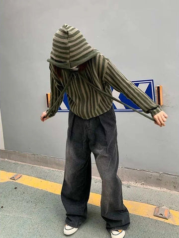 Korean Hooded Loose Harajuku Sweaters Striped Zipper Cardigan Knitted Gothic Y2k Tops Jumper