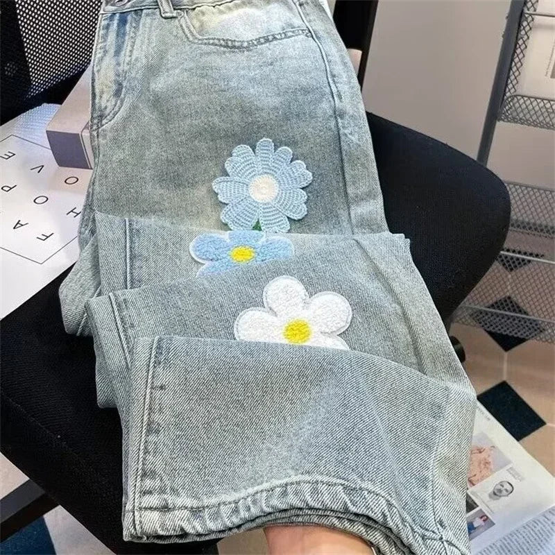 Y2K Vintage Flower Embroidered Jeans For High Street Baggy Straight Wide Leg Denim Pants Design Hip Hop Jean