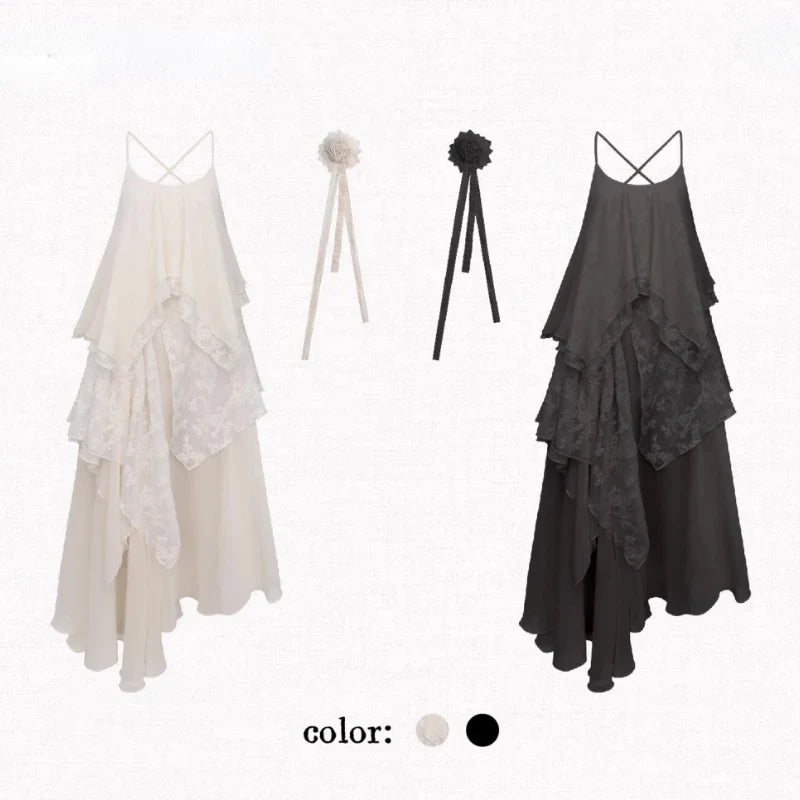 Voguable  French Vintage Midi Dress Y2k Lace Patchwork Elegant Beach Style Strap Dress FeKorea Chic Clothes