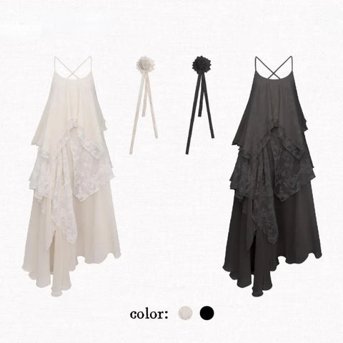 Voguable  French Vintage Midi Dress Y2k Lace Patchwork Elegant Beach Style Strap Dress FeKorea Chic Clothes
