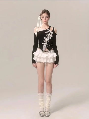 Voguable Lace Fake Two Piece Blouse Japanese Style Bow Kawaii Y2k T Shirt Spicy Girl Aesthetics Slim Tees Chic